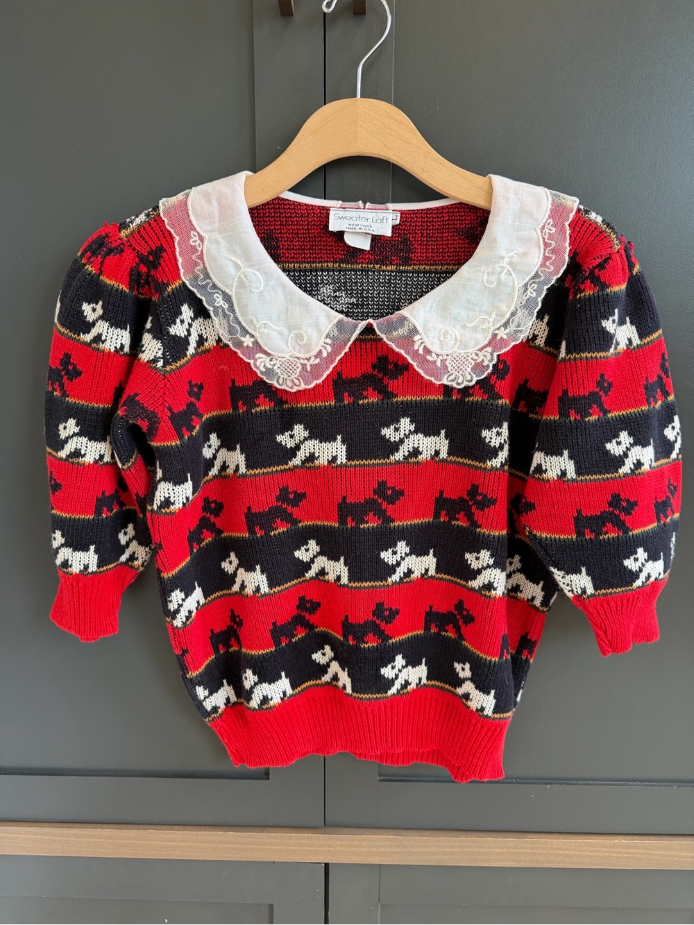 Vintage 80s Sweater Loft Scottie Dog Knit Puff Sleeve Lace Collar Cotton USA • L